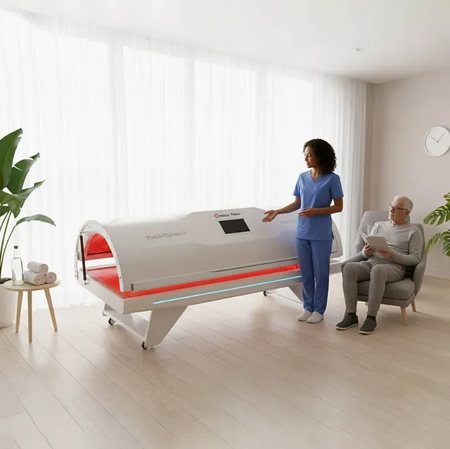 Behandler ved rødlysseng i klinikk