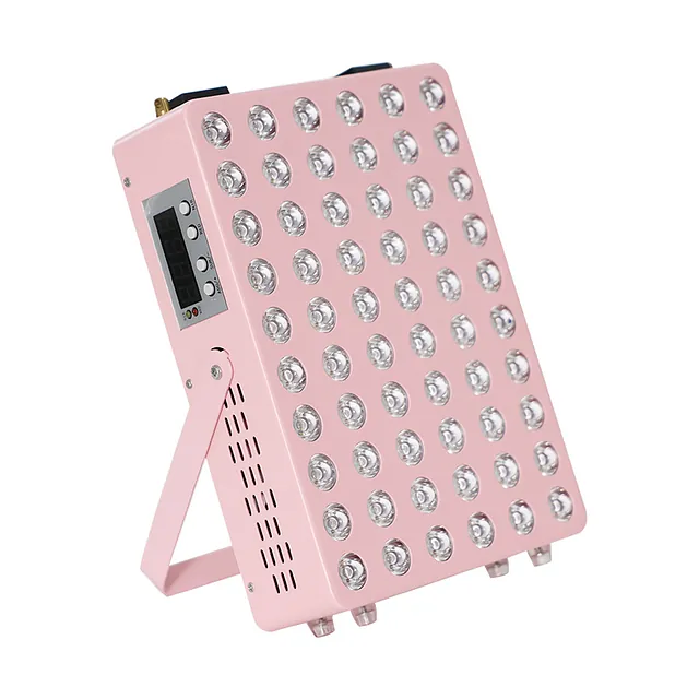 Rosa lysterapilampe med 60 LED-pærer og digitalt kontrollpanel på siden.