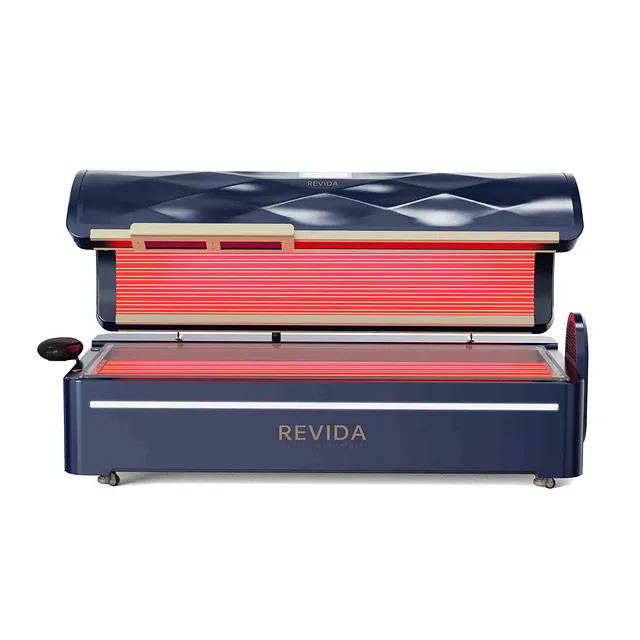 Åpen blå rødlysseng med rødlyspaneler