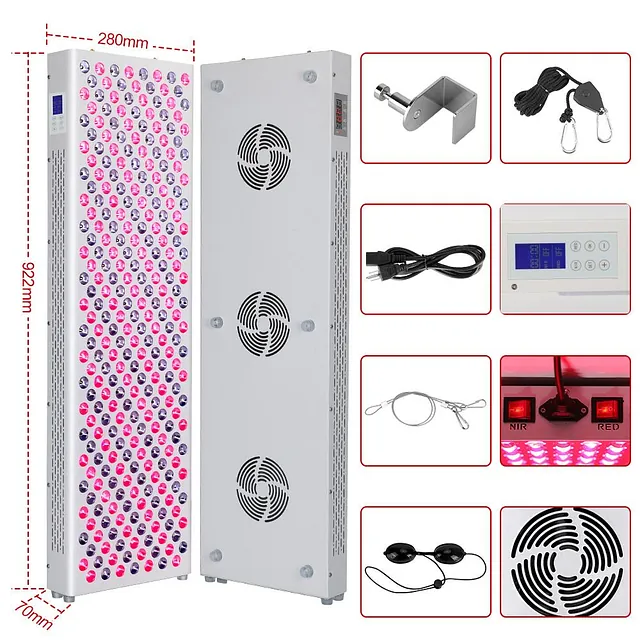 Høyt lysterapipanel med 300 LED-dioder, sett sammen med vifter, kontrollpanel og tilbehør.